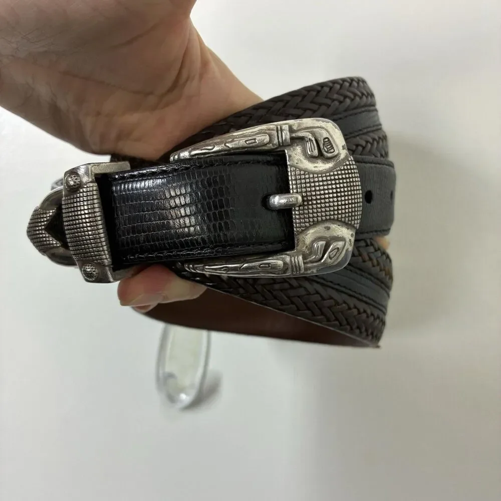 Brighton Leather Belt Mens 38 Black Braided Woven Western Silver Buckle Onyx